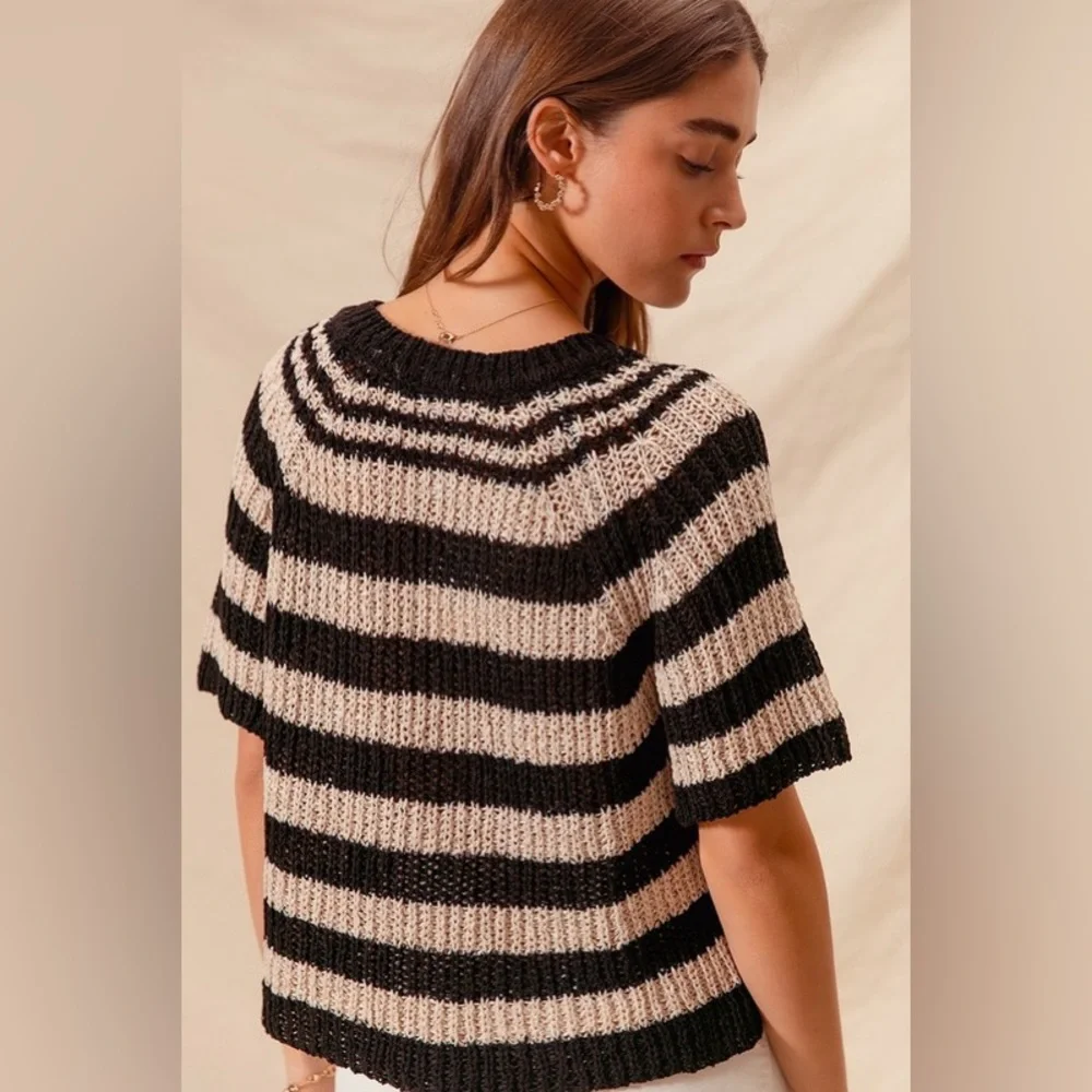 Oatmeal black eyelet boho stripe placket striped bohemian tunic top sweater - Picture 4 of 6